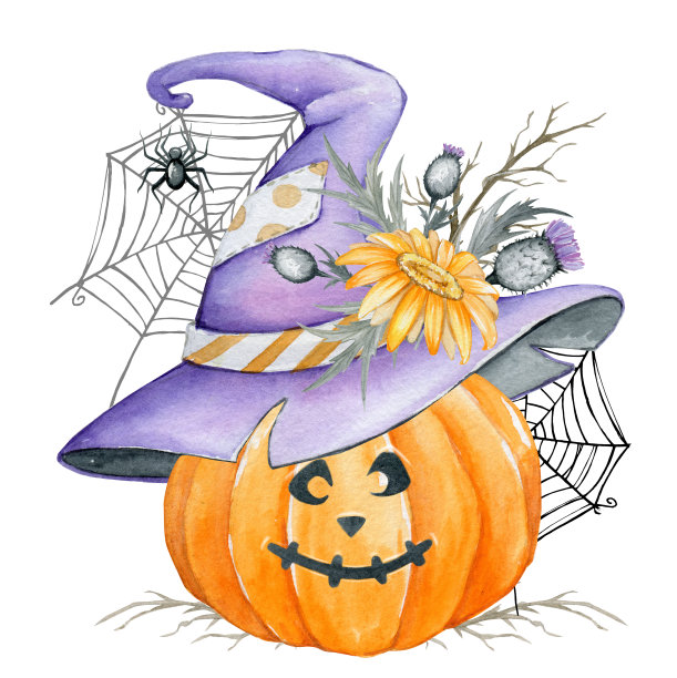 南瓜，帽子，蜘蛛，网，花。万圣节庆祝水彩卡通风格的剪贴画图片下载