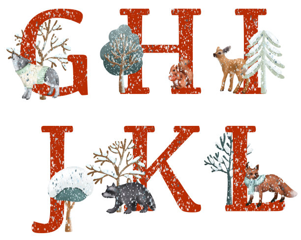 一套红色字母冬季林地动物，圣诞节动物字母表，孤立的插图在白色背景图片下载