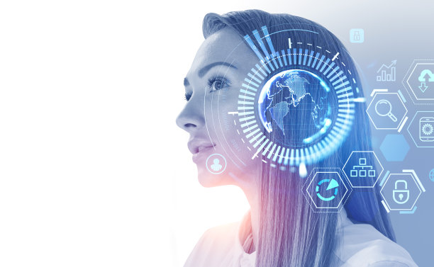 女商人地球球和数字图标，元宇宙和全球连接图片下载