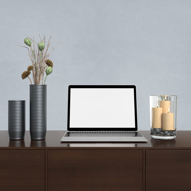 模型笔记本电脑与家居装饰在客厅现代室内背景。模型与路径准备使用。三维渲染图片下载