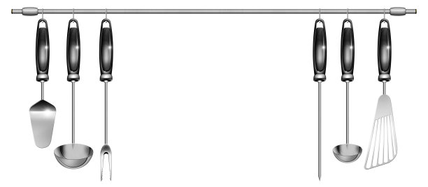 一组厨房用具挂在一根柱子上，孤立在白色背景上图片下载