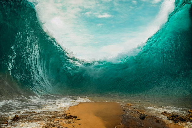 一个巨大的海浪击中海滩，沙子和海洋产品平台，3d渲染图片下载