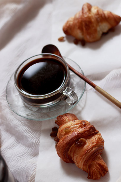 咖啡和羊角面包俯视竖版照片图片下载