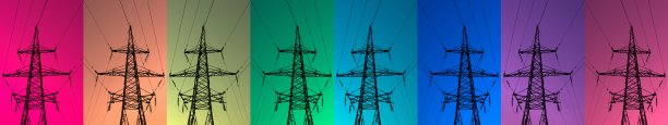高压电塔剪影在明亮的背景。拼贴画图片下载