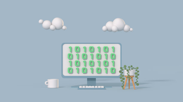 最小的台式电脑与二进制代码卡通风格的3D渲染插图图片下载