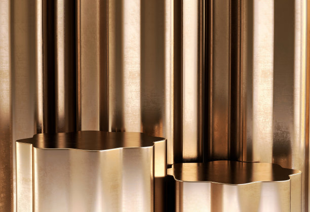 豪华和中国风格的玫瑰金六边形基座在阳光从窗口抽象波浪光泽钢墙背景图片下载