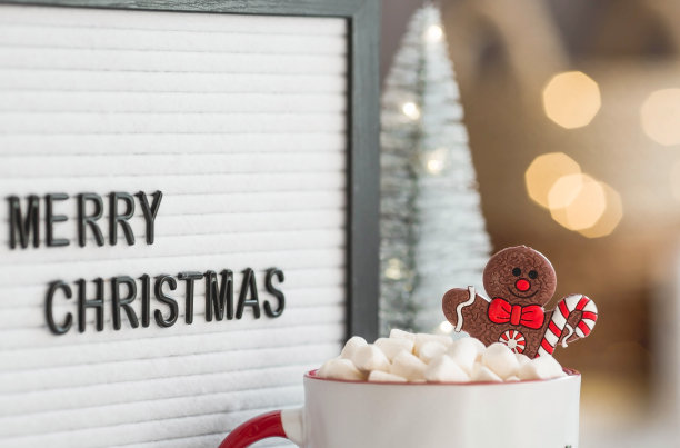 一个写着“圣诞快乐”的牌子，圣诞老人帽子，一杯热可可，棉花糖和姜饼人，背景是一个美丽的bokeh。温馨的新年和寒假概念。图片下载