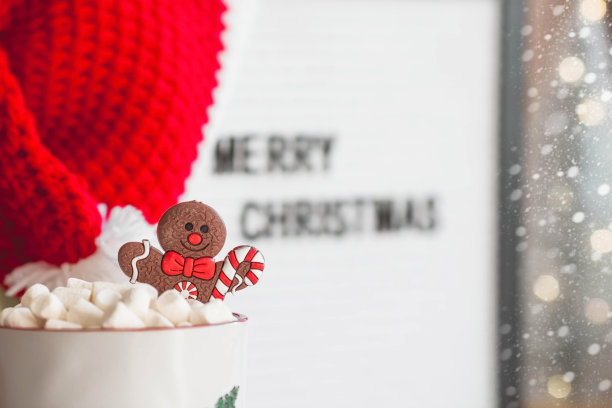 一个写着“圣诞快乐”的牌子，圣诞老人帽子，一杯热可可，棉花糖和姜饼人，背景是一个美丽的bokeh。温馨的新年和寒假概念。图片下载