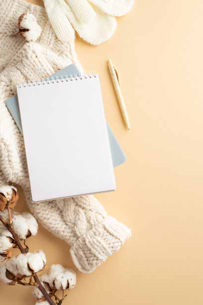 冬天灵感的概念。俯视图垂直照片舒适的针织连指手套，记事本，钢笔和棉花枝孤立的米色背景与空白图片下载