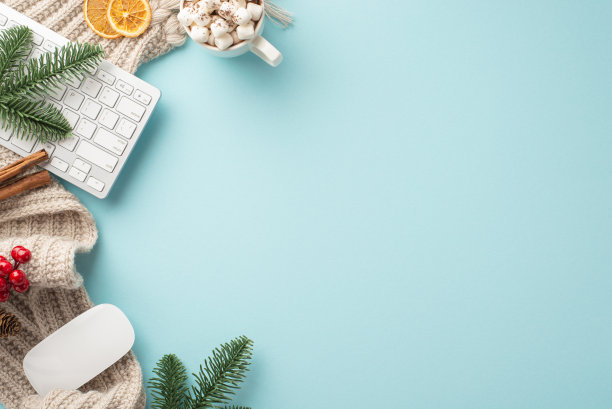 冬天的概念。俯视图照片键盘电脑鼠标围巾马克杯可可松枝槲寄生浆果肉桂棒和干橙片孤立的柔和的蓝色背景与copyspace图片下载