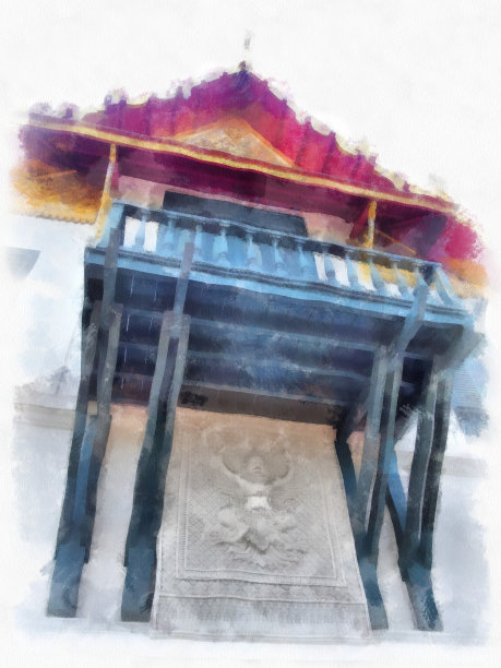 曼谷大皇宫的风景画水彩风格插画印象派画作。图片下载