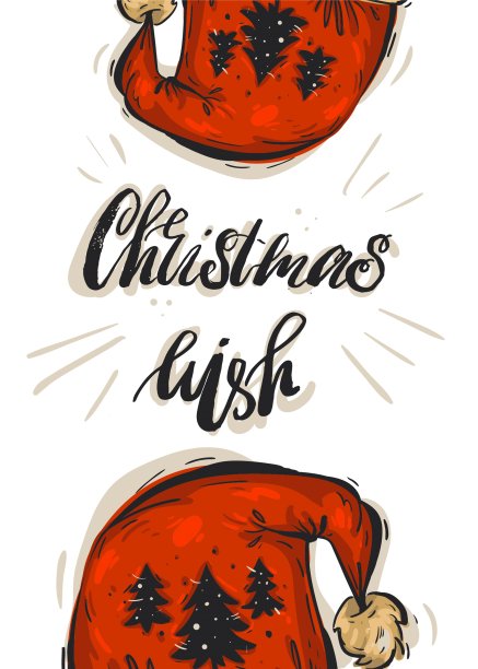 手绘矢量抽象圣诞贺卡模板与现代粗糙水墨书法阶段圣诞愿望和圣诞老人红帽子孤立在白色背景图片下载