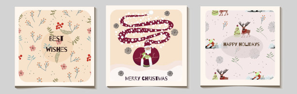 圣诞矢量礼品方卡或标签套，圣诞老人在长星星帽子，花的元素，雪花，鹿，圣诞快乐，最美好的祝愿字母。图片下载