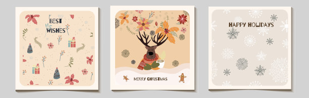 圣诞矢量礼品方卡或标签套，鹿在毛衣，盛开的鹿角，花卉元素，一品红，雪花，圣诞快乐，最美好的祝愿字母。图片下载
