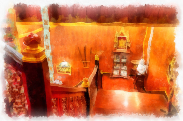 泰国北部古代寺庙的建筑景观和古代艺术。插图。印象派水彩画。图片下载