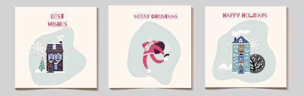 圣诞矢量礼品卡或标签套装，滑稽的圣诞老人嘴里衔着雪花，白雪覆盖着村舍，上面刻着圣诞快乐、节日快乐、最美好的祝愿。图片下载