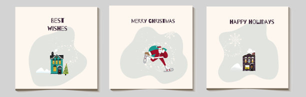 圣诞矢量礼品卡或标签集，搞笑圣诞老人匆忙带着一袋礼物，奔跑，白雪覆盖的村舍，用铭文写着圣诞快乐，最美好的祝愿。图片下载