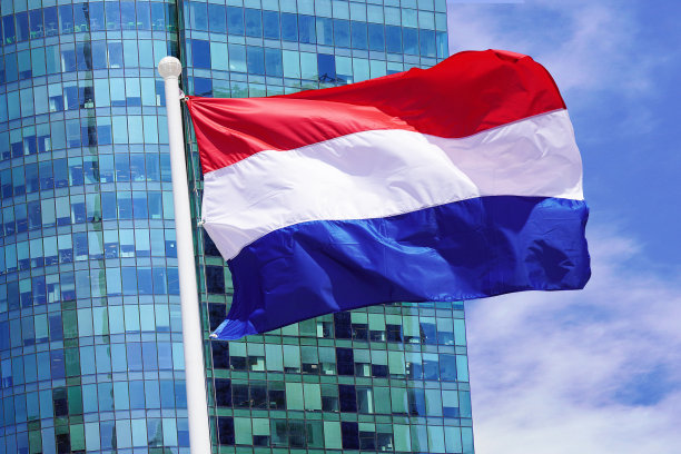 现代建筑背景上的荷兰国旗图片下载