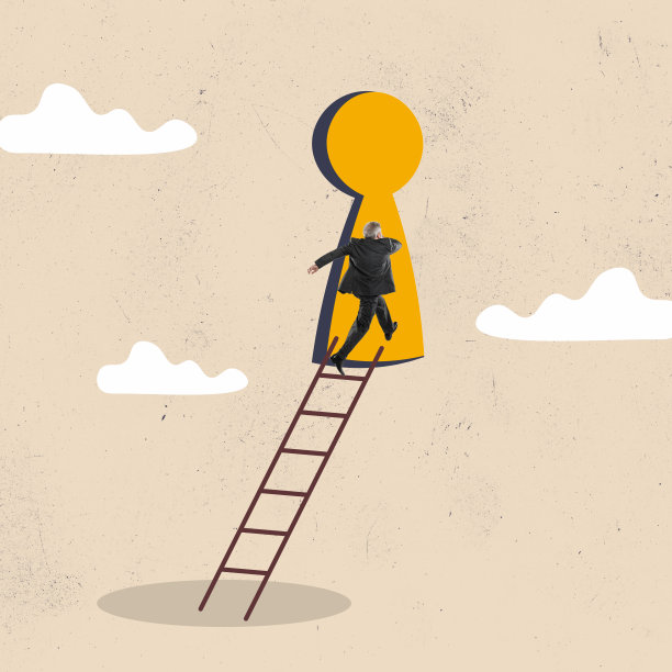 创造性的艺术设计。商人在钥匙孔前象征着新的专业成就。激励工人。商业概念，个人和职业的成长，成功图片下载