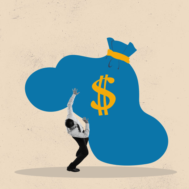 艺术拼贴关于债务负担、财务义务或贷款偿还、金钱负担过重的失败、按揭或借款问题的概念。试过商人背着大债钱袋图片下载