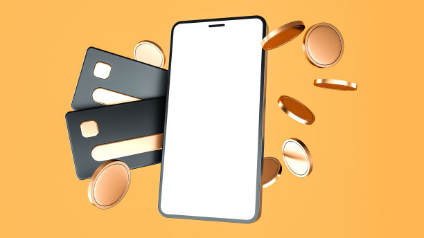智能手机模型与信用卡和金币，金融，分析，商业背景- 3D渲染图片下载