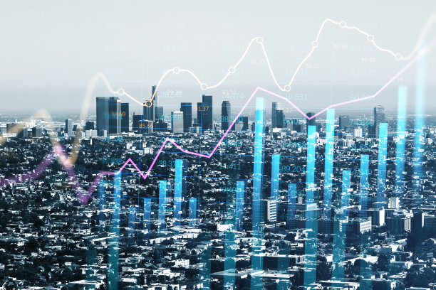 增长房地产价格和房地产的概念与数字图形金融图表图表和图表上升在大都市的天际线背景，双重曝光图片下载