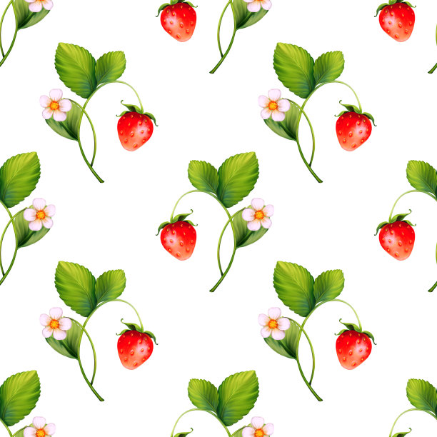 草莓背景与花，野生浆果，树叶。无缝模式。图片下载