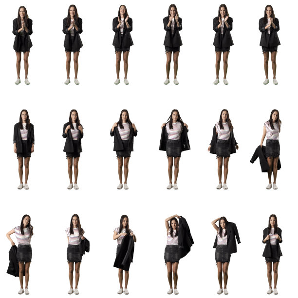 穿着西装的时髦女商人的拼贴画，鼓掌，脱衣服，穿衣。图片下载