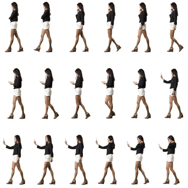 侧面看时尚的商务女性走路说话的手机和使用手机拼贴图片下载