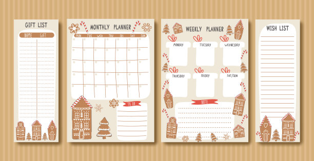 一套可爱的计划与传统的圣诞插图。每月计划，每周计划，愿望清单和礼物单姜饼屋和圣诞元素。圣诞节和新年的计划图片下载