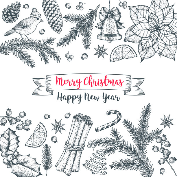 圣诞贺卡。手绘草图。矢量插图。圣诞邀请函设计模板。素描的收藏。图片下载