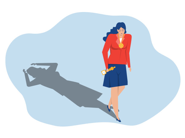 冒名顶替综合症，女商人自信与阴影焦虑和缺乏自信的工作概念平插画矢量图片下载