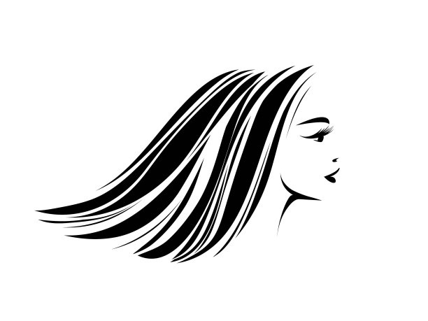 美容院、美发店标志。美丽的女人的脸。长,波浪发型。图片下载