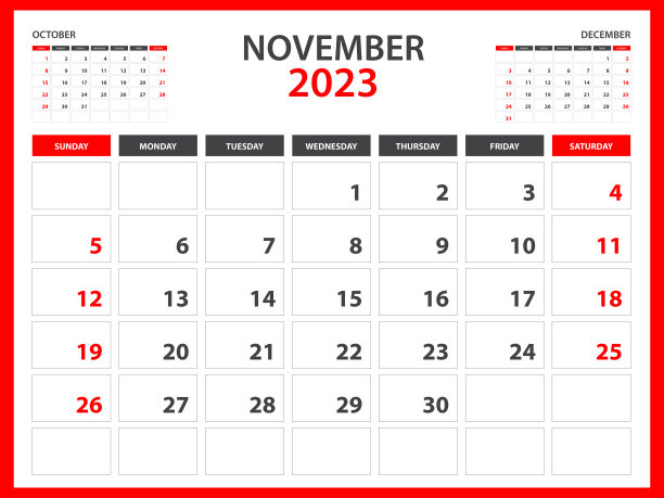 2023年月历模板- 2023年11月，周日开始，2023台历设计，挂历，记事本设计，文具，印刷媒体，红色背景，矢量图片下载