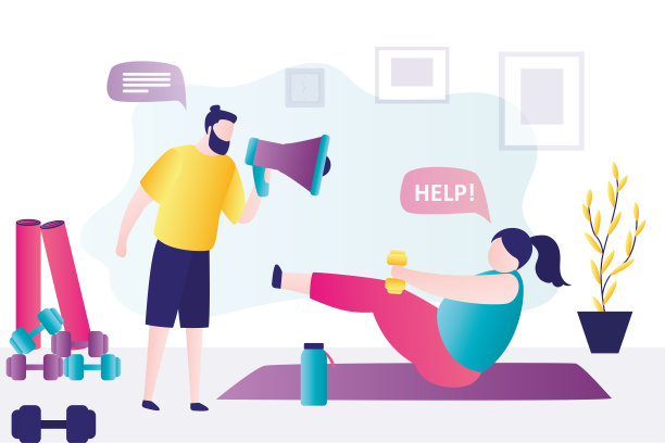 带喇叭的私人教练激励丰满的女孩做运动。胖女人厌倦了锻炼腹肌，向人求助图片下载