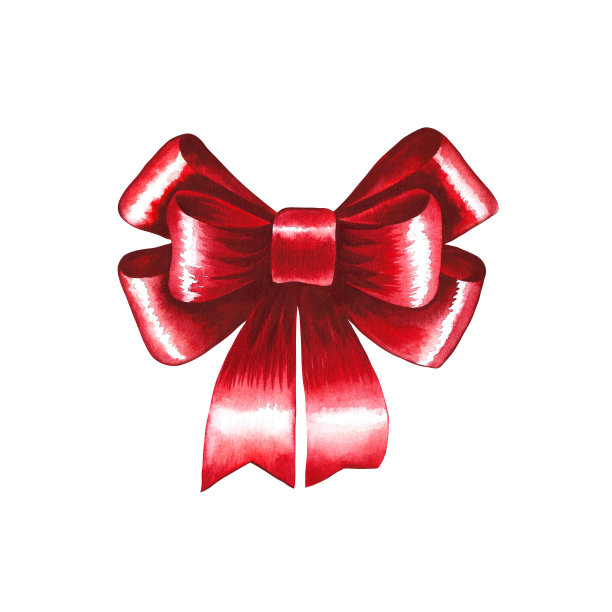 喜庆的红色蝴蝶结。水彩插图隔离。用于设计明信片、包装、标签。节日装饰图片下载