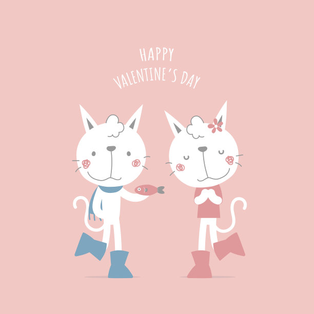 可爱可爱的白猫小鱼夫妇，情人节快乐，爱的概念图片下载