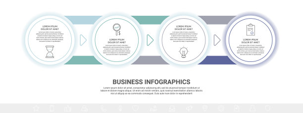 带有圆圈和箭头的矢量最小线信息图。业务时间表4步一步，选项，标签。平面模板与四种方式的图表图片下载