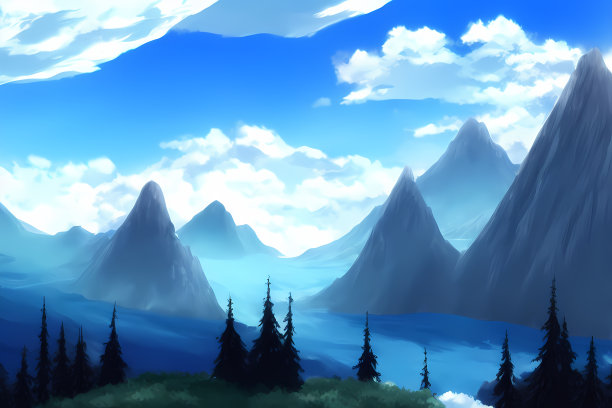 风景风景插图的山脉，丘陵覆盖着绿色植物，草地，和美丽的云在天空图片下载