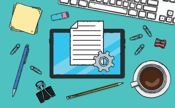 手写插图的文本文件与齿轮显示在平板电脑屏幕上。平板电脑在办公室的桌子上。涂鸦矢量文件。图片下载