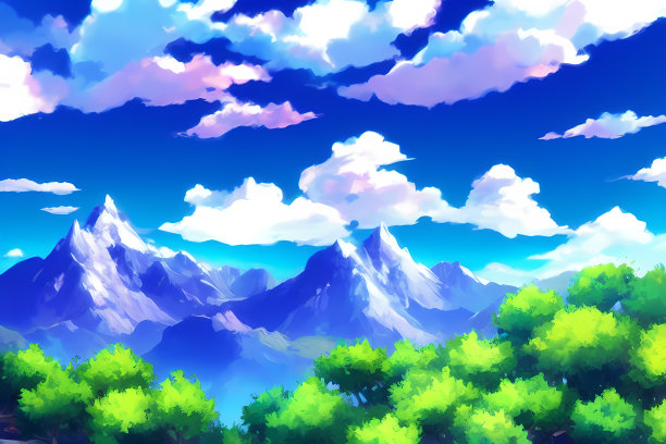 风景风景插图的山脉，丘陵覆盖着绿色植物，草地，和美丽的云在天空图片下载