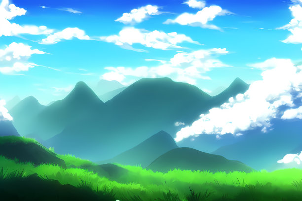 风景风景插图的山脉，丘陵覆盖着绿色植物，草地，和美丽的云在天空图片下载