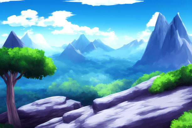 风景风景插图的山脉，丘陵覆盖着绿色植物，草地，和美丽的云在天空图片下载