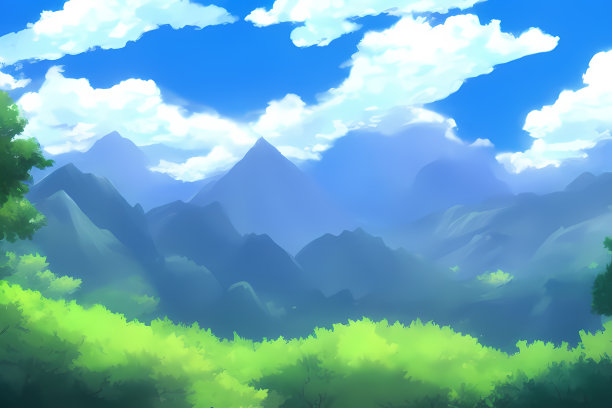 风景风景插图的山脉，丘陵覆盖着绿色植物，草地，和美丽的云在天空图片下载