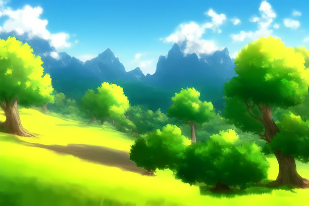 风景风景插图的山脉，丘陵覆盖着绿色植物，草地，和美丽的云在天空图片下载