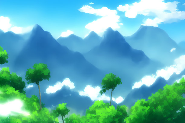 风景风景插图的山脉，丘陵覆盖着绿色植物，草地，和美丽的云在天空图片下载