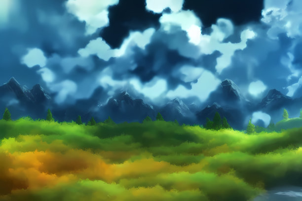 风景风景插图的山脉，丘陵覆盖着绿色植物，草地，和美丽的云在天空图片下载