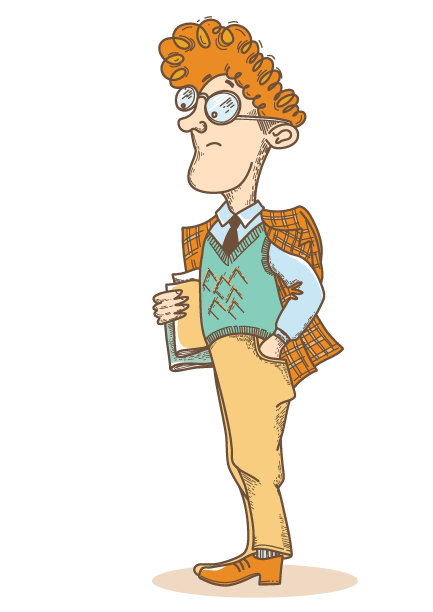 聪明的年轻学生，戴着眼镜，穿着经典的英式西装。矢量手绘颜色风格插图孤立在白色上图片下载