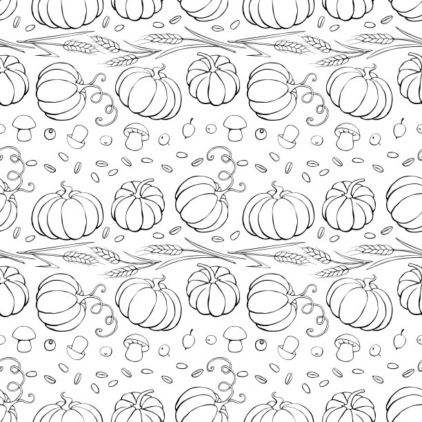 矢量无缝模式的秋季收获符号:南瓜，小麦耳朵，浆果，蘑菇涂鸦风格。背景轮廓、纹理。主题:森林，快乐的秋天，感恩图片下载