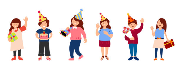 可爱的孩子群庆祝节日的孩子的生日。可爱的男孩和女孩戴着五颜六色的装饰品为朋友过生日图片下载